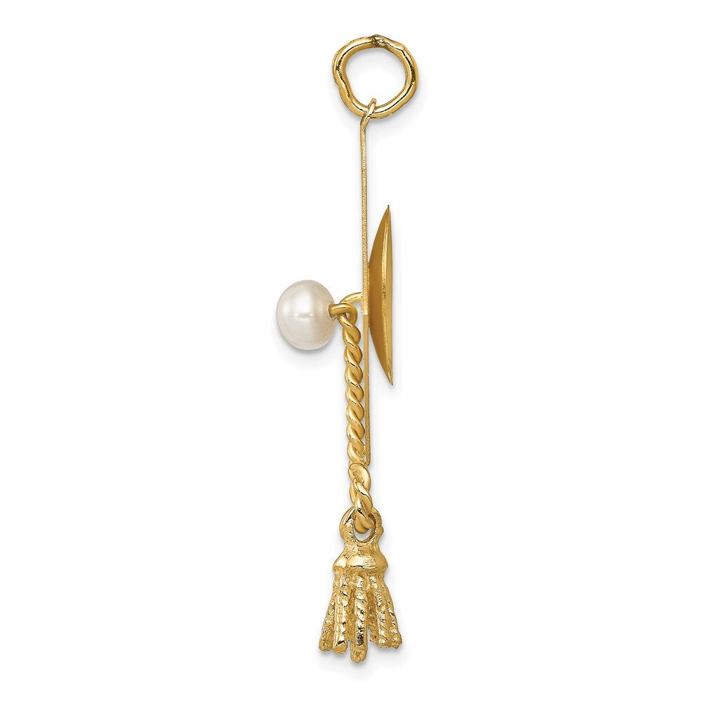 14k Yellow Gold Graduation Cap with FW Cultured Pearl Charm Pendant for Women