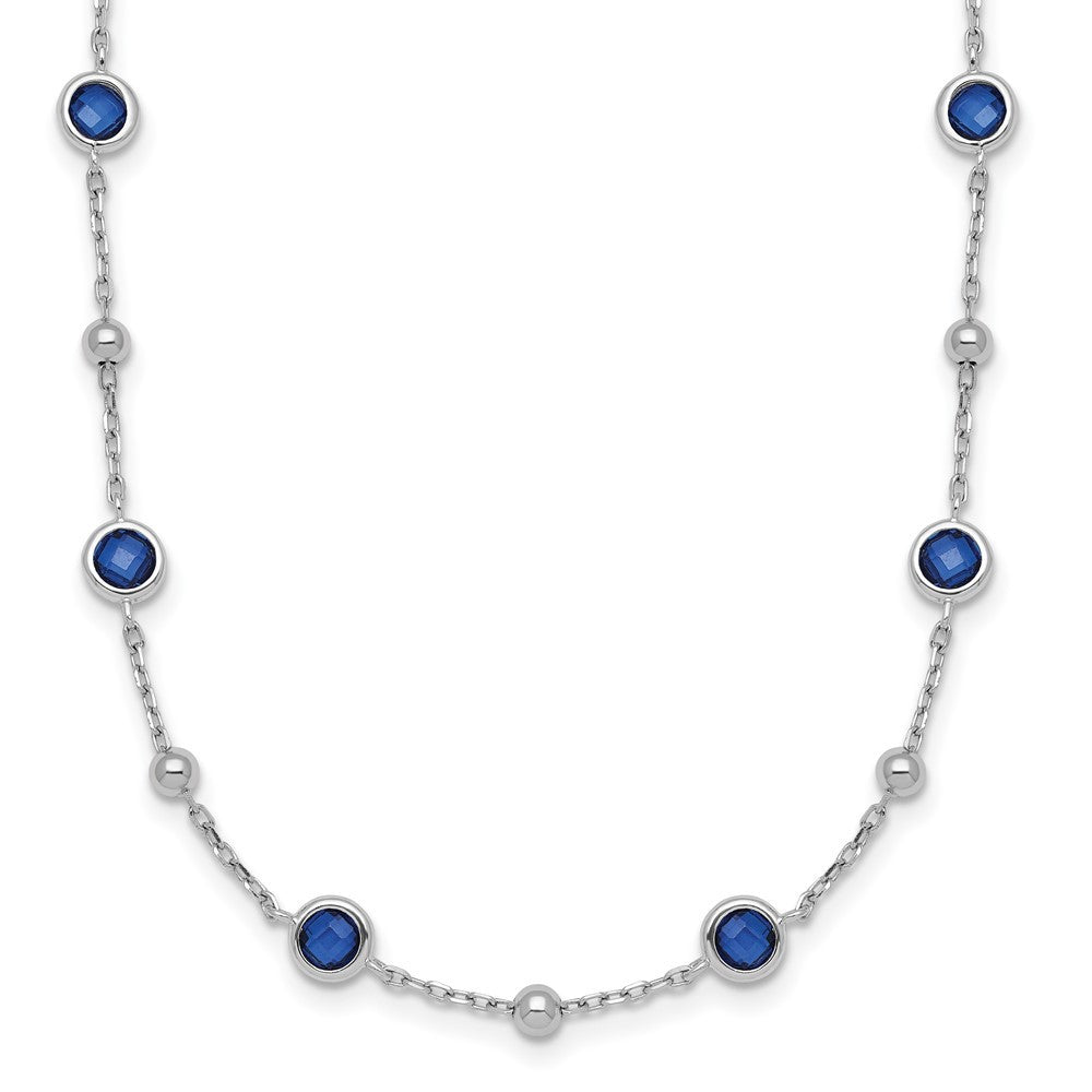 Sterling Silver &Beaded Bezel-set Round Blue CZ 16" with 2" Extension Necklace