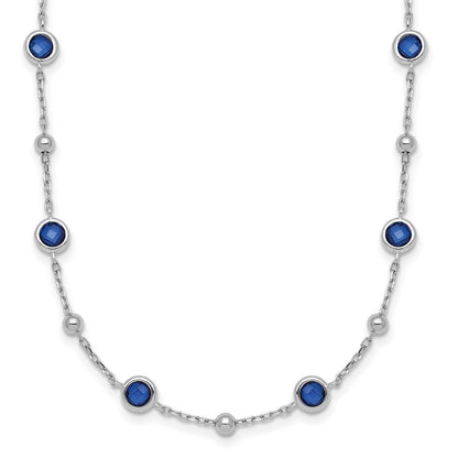 Sterling Silver &Beaded Bezel-set Round Blue CZ 16" with 2" Extension Necklace