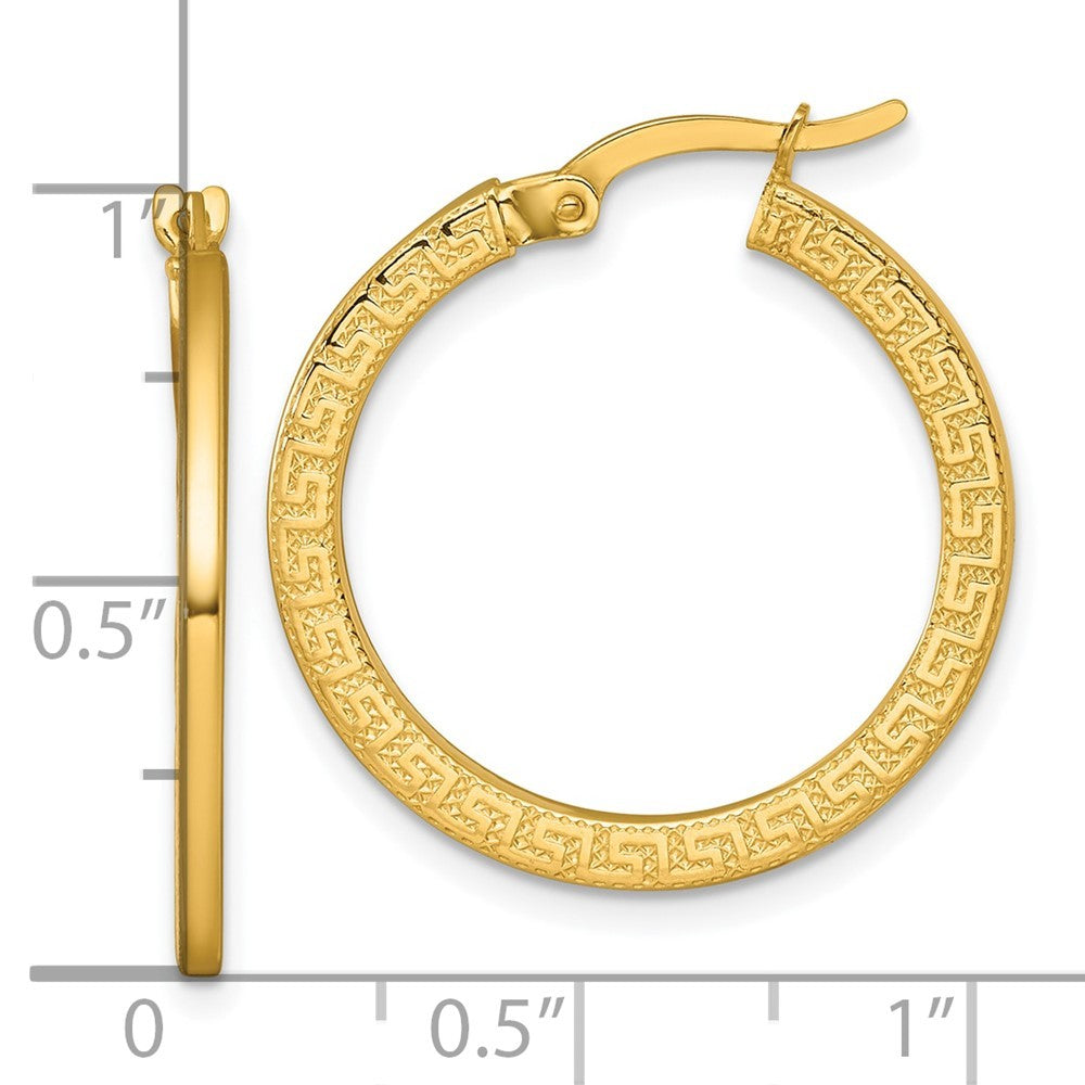 14k Yellow Gold Polished 1.5 x 24mm Textured Greek Key Hoop Earrings