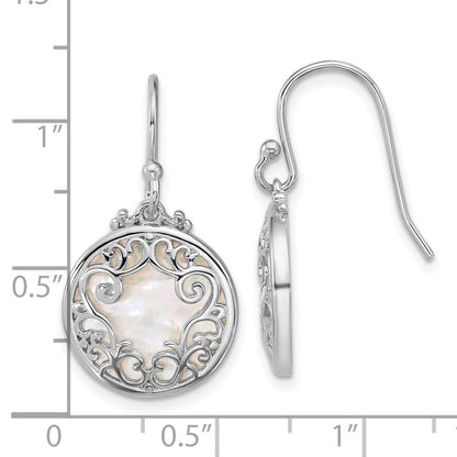Sterling Silver Polished Filigree Mother of Pearl Circle Dangle Earrings