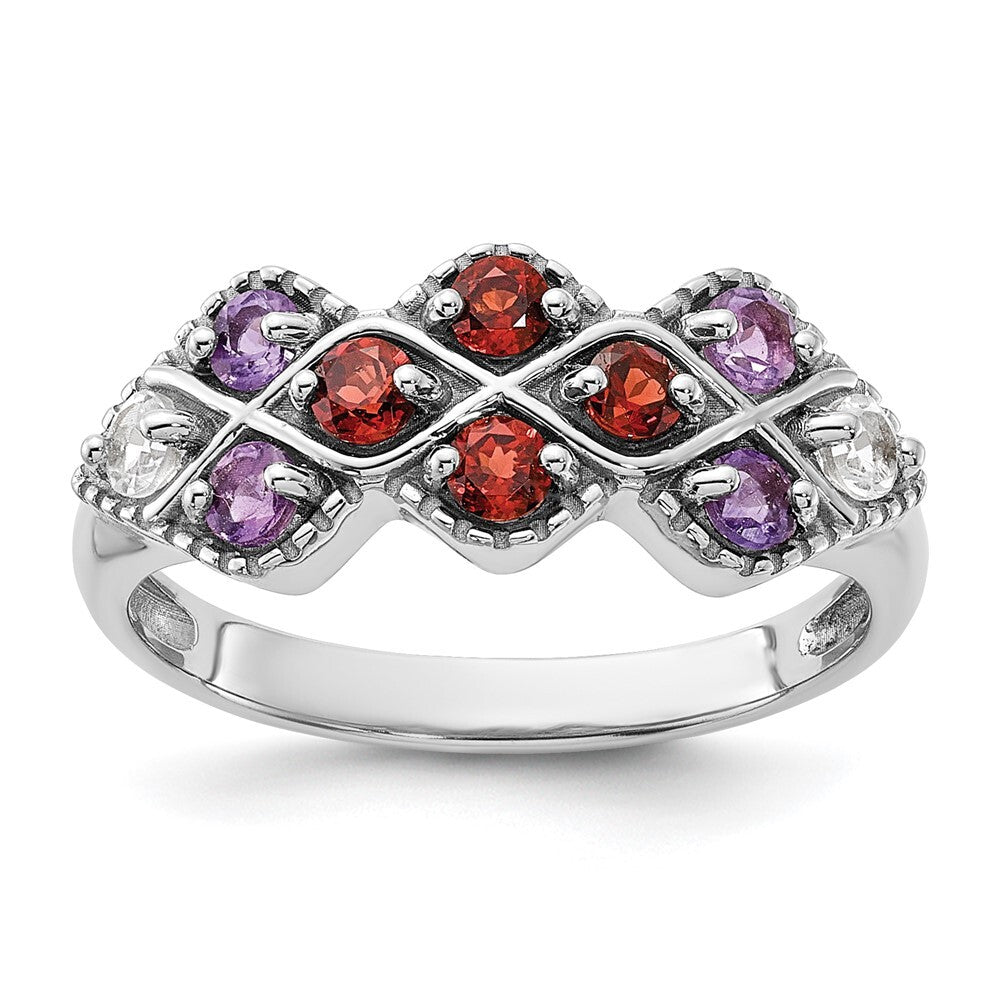 Sterling Silver Rhodium-plated Garnet Amethyst and White Topaz Ring Size 7