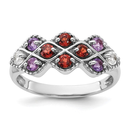 Sterling Silver Rhodium-plated Garnet Amethyst and White Topaz Ring Size 7
