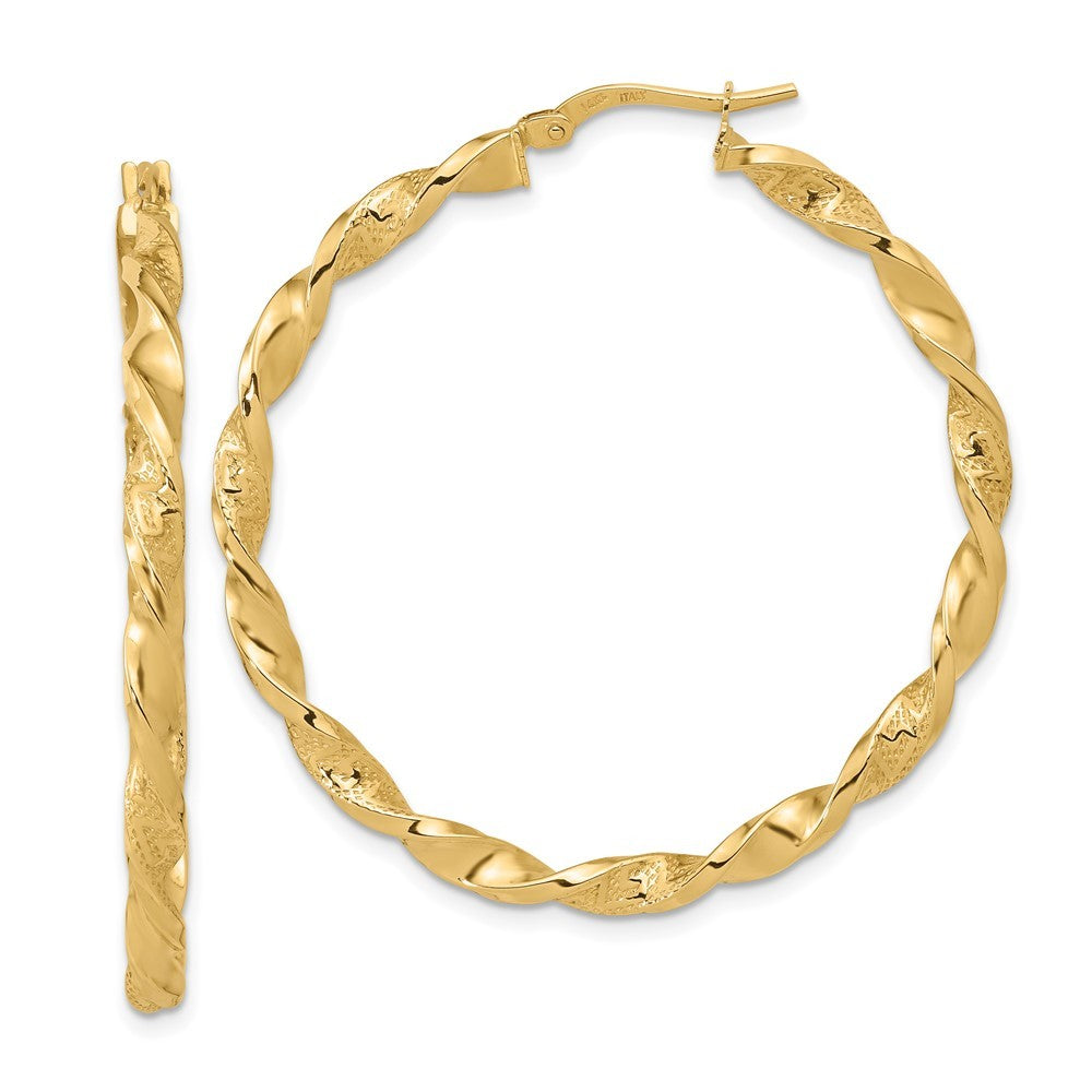 14k Yellow Gold Polished and Textured Twisted Hoop Earrings