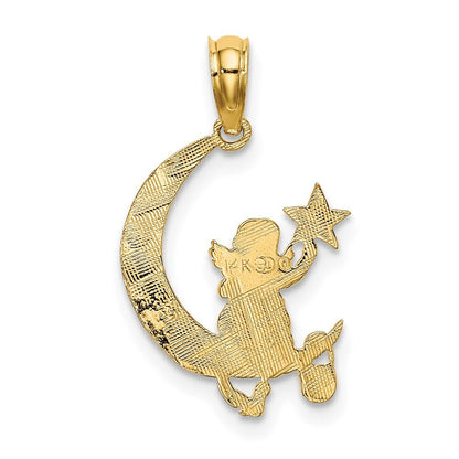 14k Yellow Gold Angel Holding a Star on a Half Moon Charm Pendant for Women