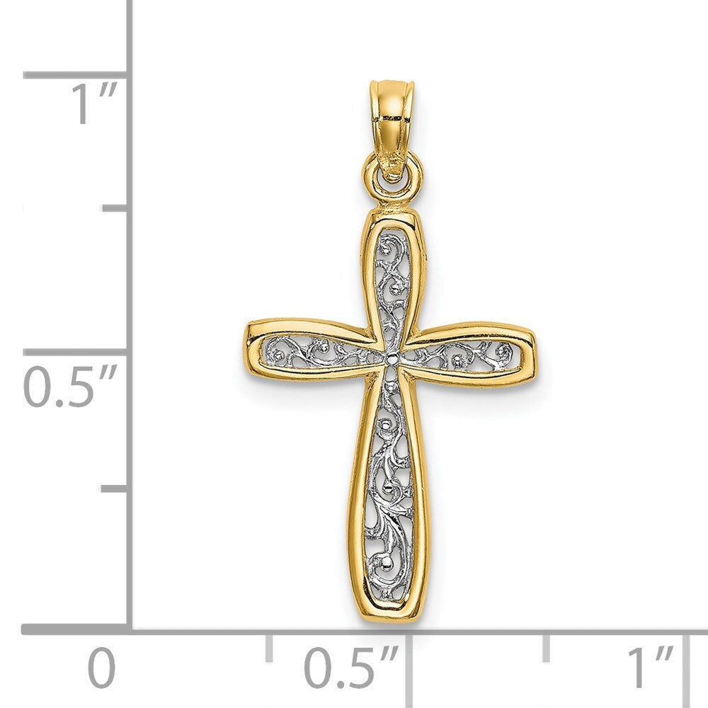 14k Yellow Gold  Rhodium Filigree Cross Charm Pendant for Women
