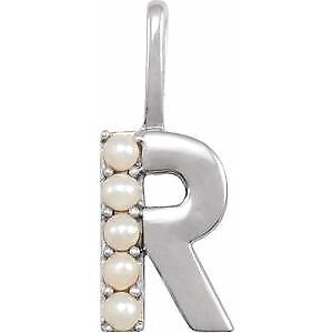 14k White Gold Cultured White Freshwater Pearl Initial R Charm Pendant