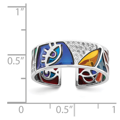 Sterling Silver Abstract Multi-color Enamel & Cubic Zirconia Cuff Ring SZ 7