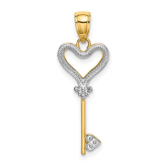 14k Yellow Gold Rhodium Key Heart Charm