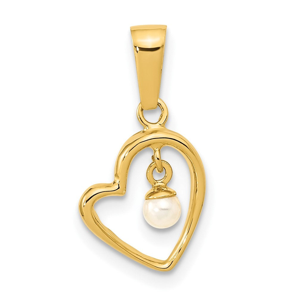 14k Yellow Gold  2-3mm Freshwater Cultured Pearl Dangle Open Heart Pendant