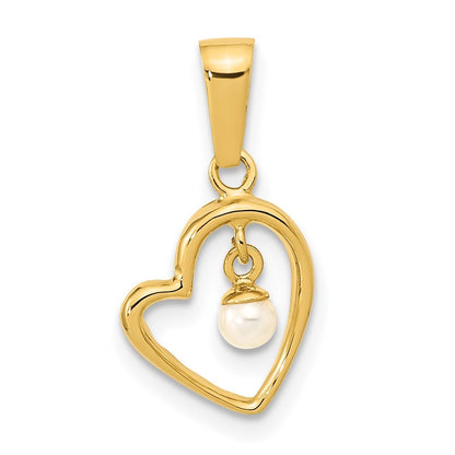 14k Yellow Gold  2-3mm Freshwater Cultured Pearl Dangle Open Heart Pendant