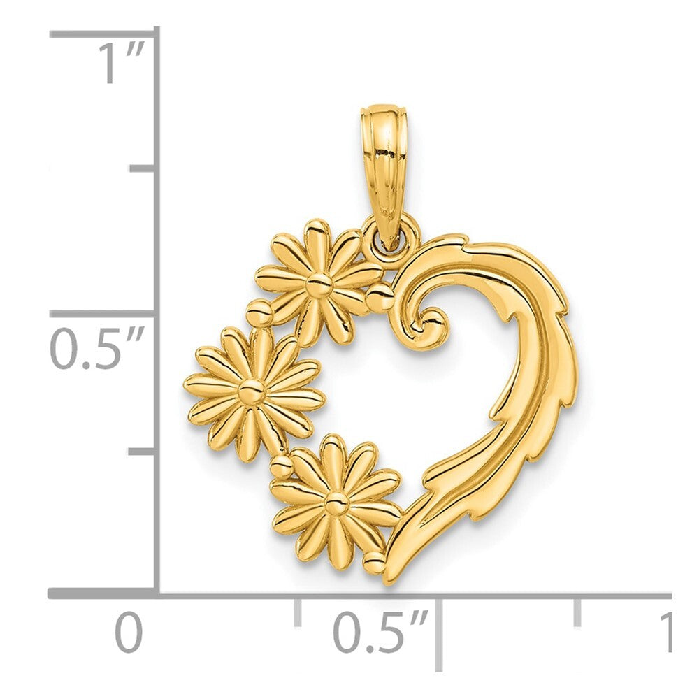 14k Yellow Gold Polished Floral Heart Pendant for Women