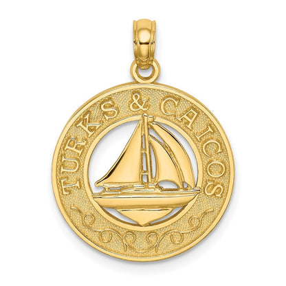 14k Yellow Gold TURKS AND CAICOS Circle  Sailboat Charm Pendant for Women