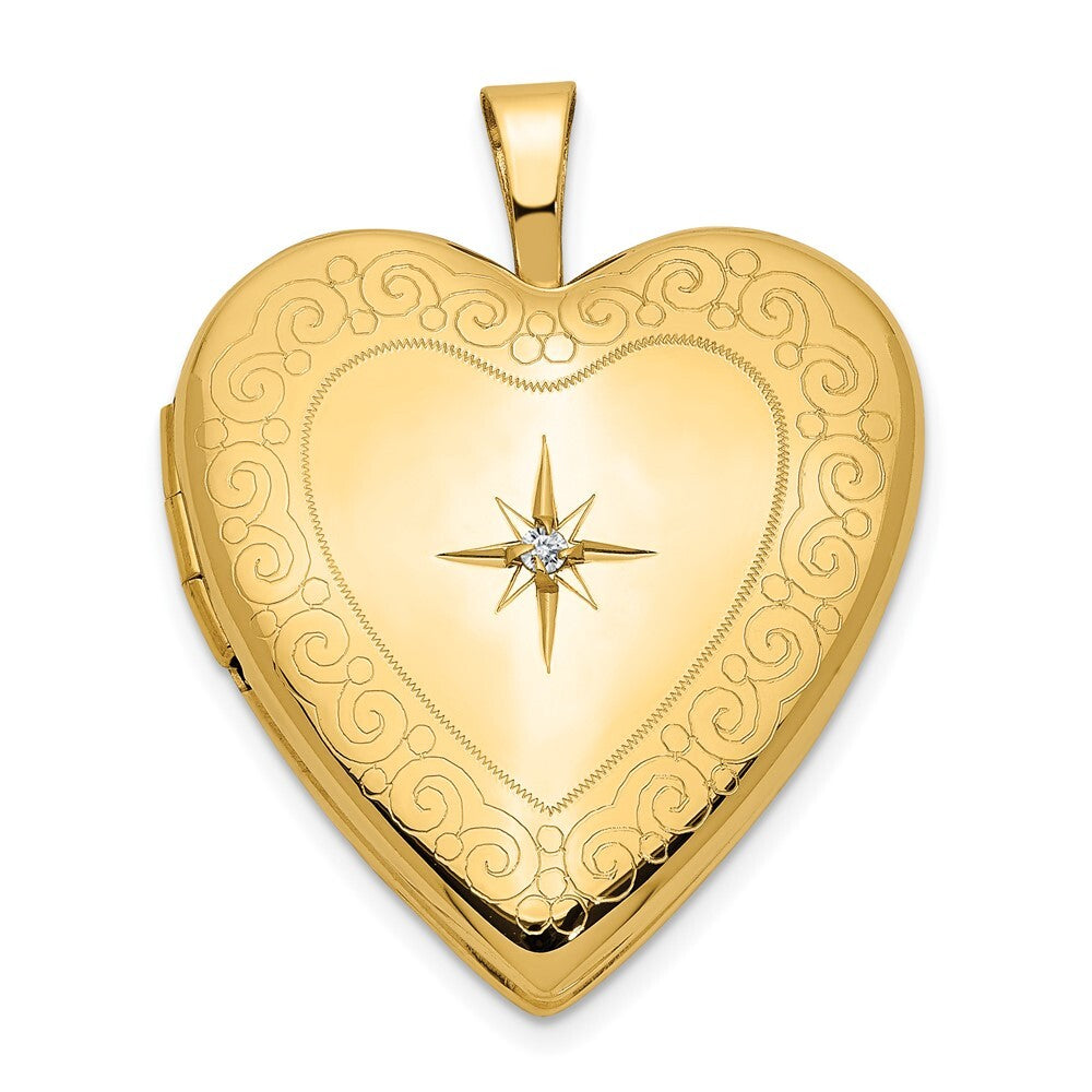 14k Yellow Gold 20mm Diamond Side Swirl Edge Heart Locket Pendant for Women