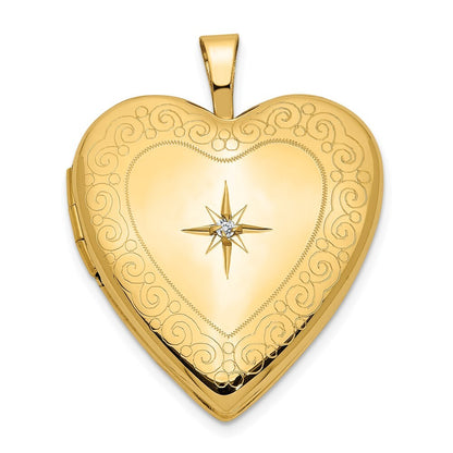 14k Yellow Gold 20mm Diamond Side Swirl Edge Heart Locket Pendant for Women