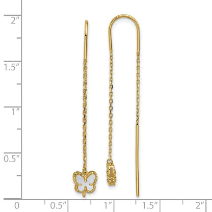 14k Yellow Gold Polished Mother of Pearl Butterfly Cable Chain Threader Earrings