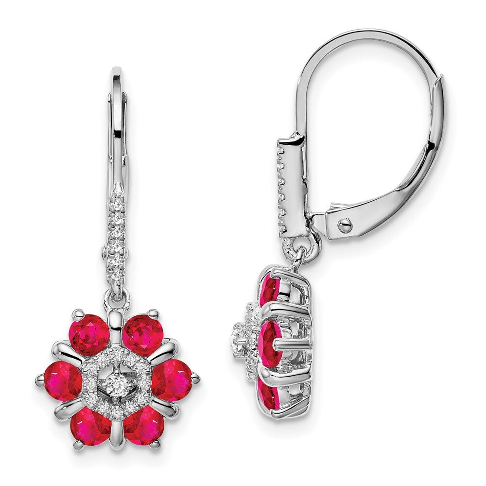 14k White Gold Ruby and Diamond Leverback Drop & Dangle Earrings