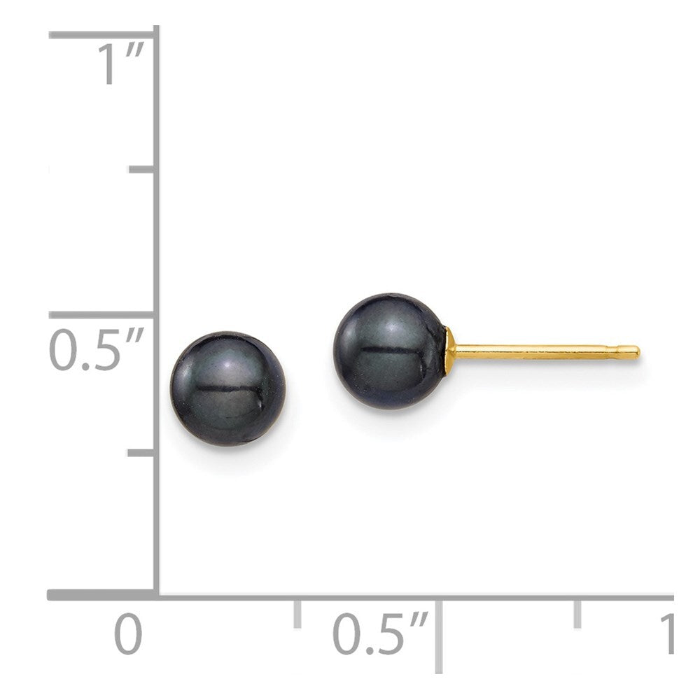 14k Yellow Gold 5-6mm Round Black Saltwater Akoya Cultured Pearl Stud Earrings