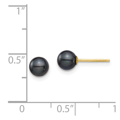 14k Yellow Gold 5-6mm Round Black Saltwater Akoya Cultured Pearl Stud Earrings