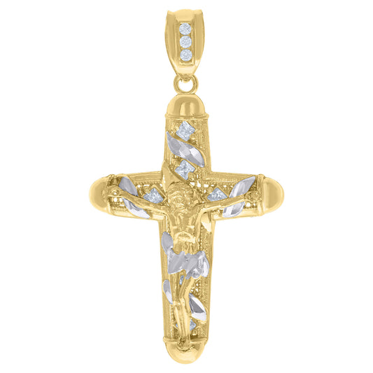 10k Two-Tone Gold Princess Cut Cubic-Zirconia Religious Cross Crucifix Pendant