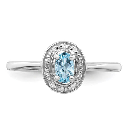 Sterling Silver Rhodium Aquamarine & Diamond Ring Size 6