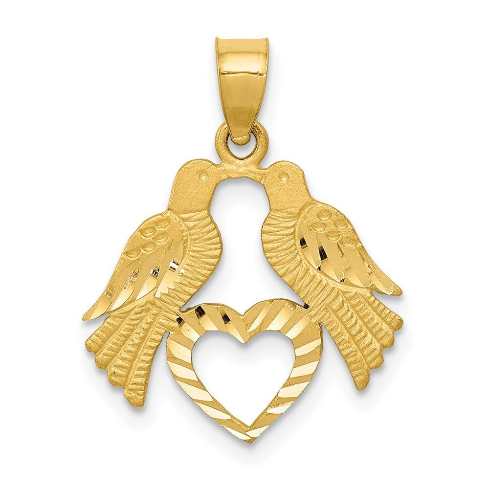 14k Yellow Gold Polished Diamond-cut Love Birds with Heart Pendant for Women