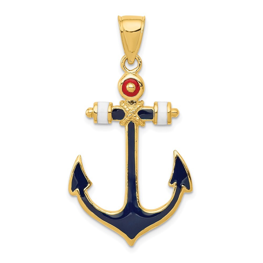 14k Yellow Gold 2-D Red, White, and Blue Enameled Anchor Pendant