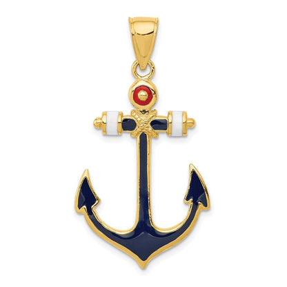 14k Yellow Gold 2-D Red, White, and Blue Enameled Anchor Pendant