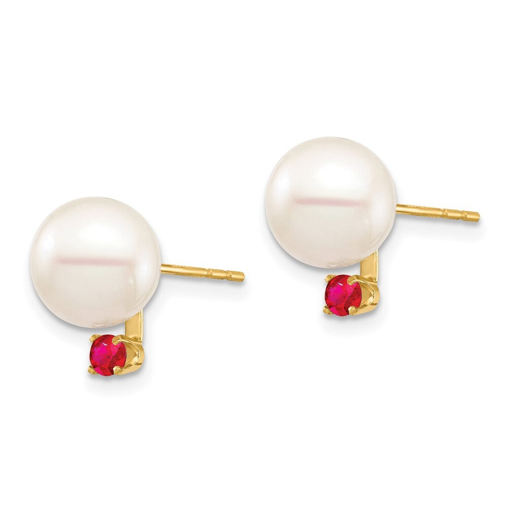 14k Yellow Gold 8-8.5mm Freshwater Cultured Pearl and .18RU Ruby Stud Earrings