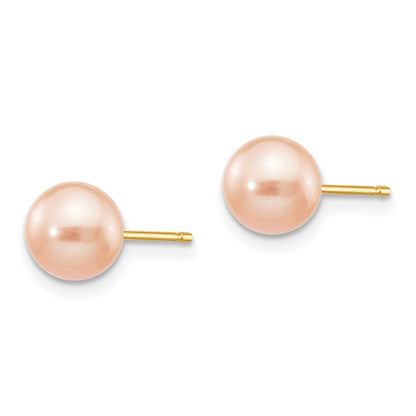 14k Yellow Gold 6-7mm Pink Round Freshwater Cultured Pearl Stud Earrings