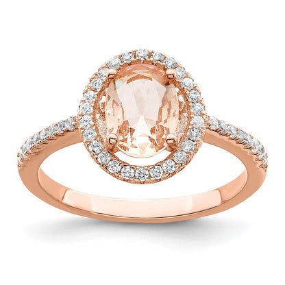 Sterling Silver Rose-tone Pink & White CZ Oval Ring Size 8