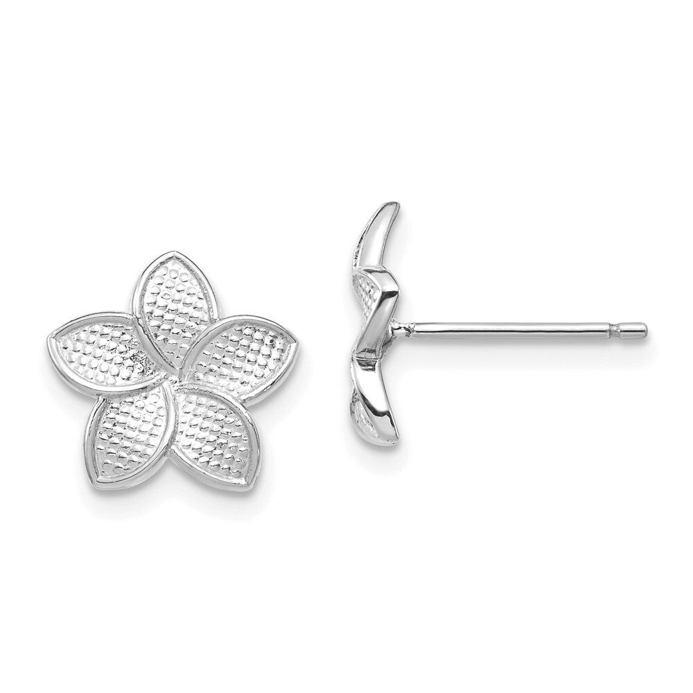 14K White Polished & Textured Plumeria Stud Earrings Gift for Women