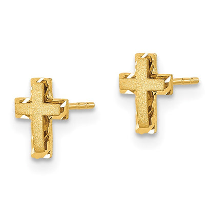 14k Yellow Gold Satin & Polished Diamond-cut Cross Earrings