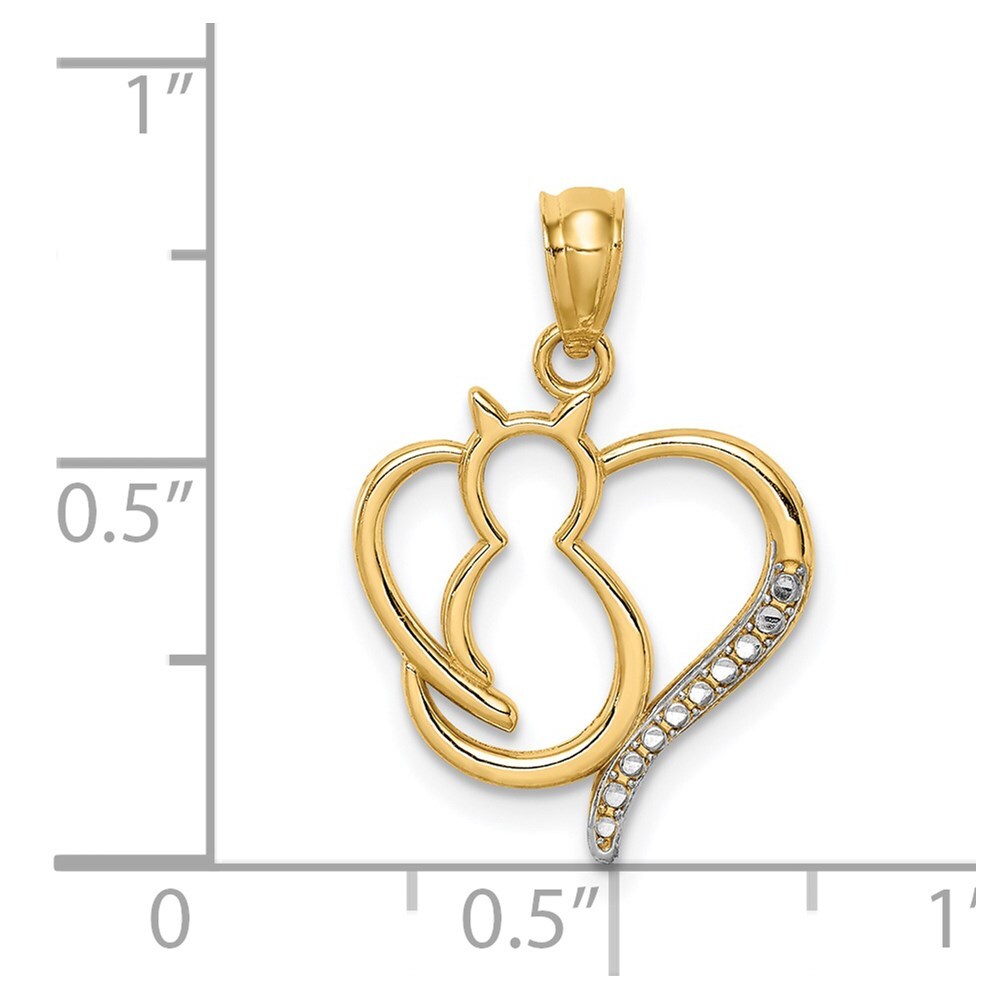 14k Yellow Gold White Rhodium Sitting Cat in a Heart Pendant for Women