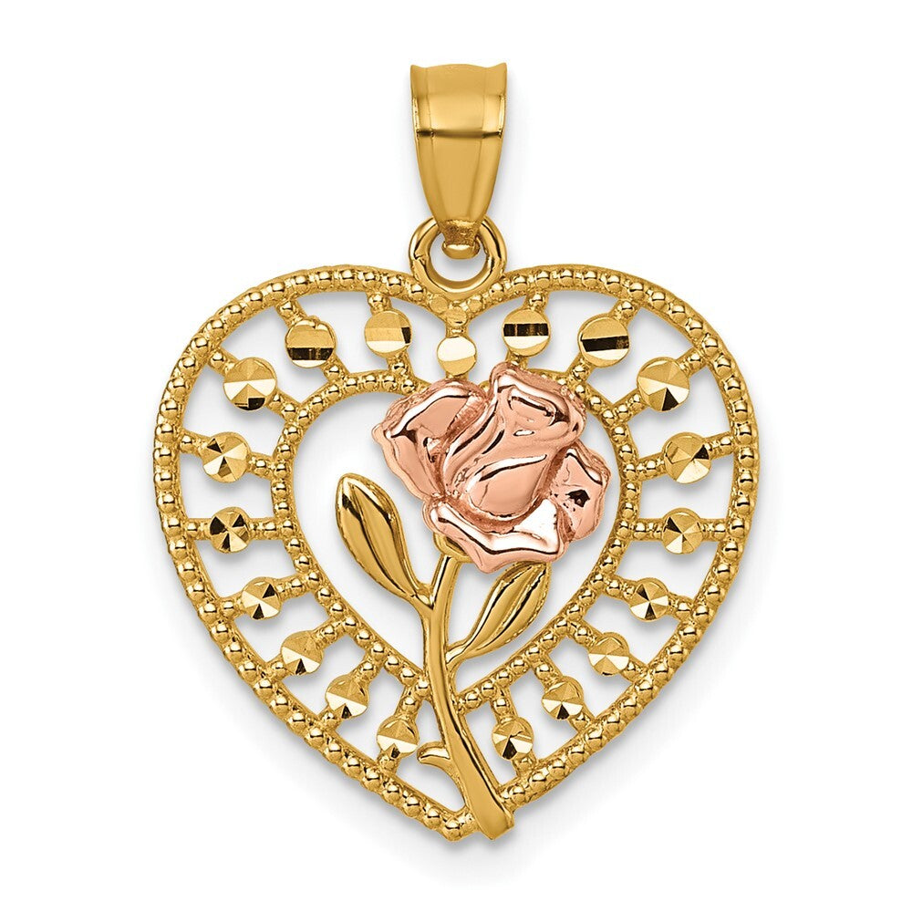 14k Two-tone Gold Diamond Cut Polished Rose In Heart Pendant for Women