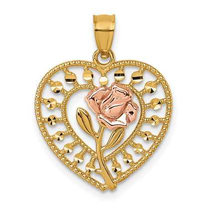 14k Two-tone Gold Diamond Cut Polished Rose In Heart Pendant for Women