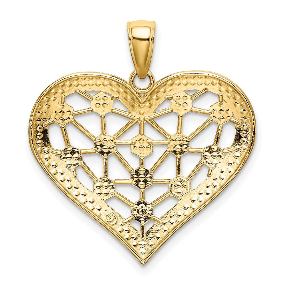 14k Yellow Gold Rhodium Lattice Center Heart Charm Pendant