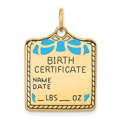 14k Yellow Gold Enameled Blue Engravable Birth Certificate Charm