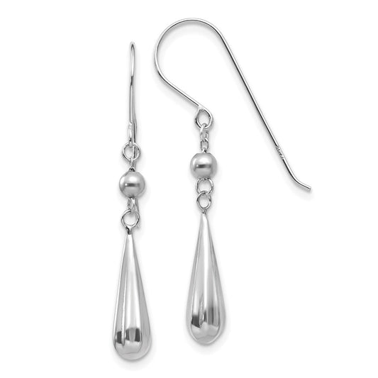 14K White Gold Grooved Puffed Teardrop Drop Dangle Earrings w/ Shepherd Hook