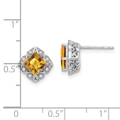 14k White Gold Square Citrine and Diamond Stud Earrings