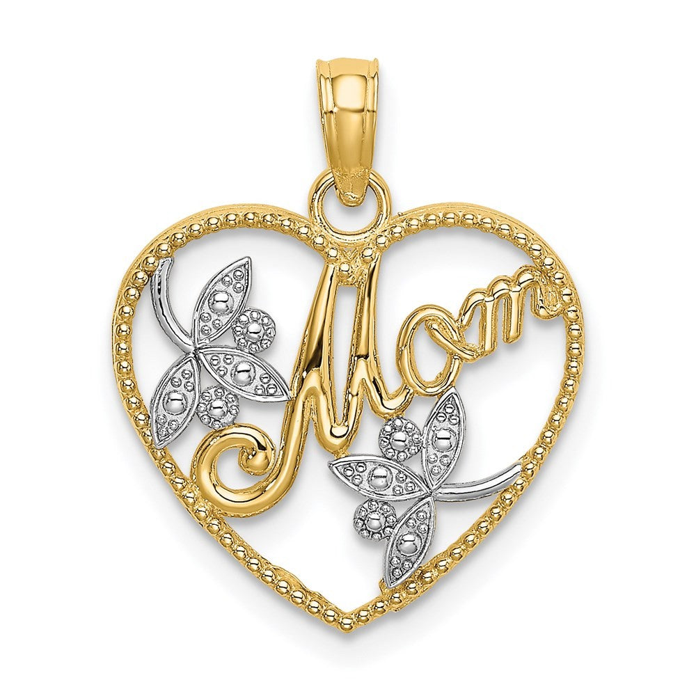 14k Yellow Gold with White Rhodium Textured Heart with MOM Charm