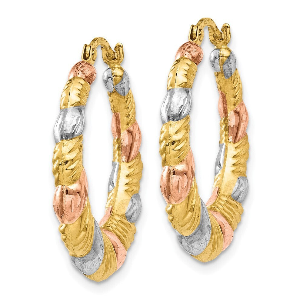 14k Yellow Gold & White and Rose Rhodium Hollow Scalloped Hoop Earrings