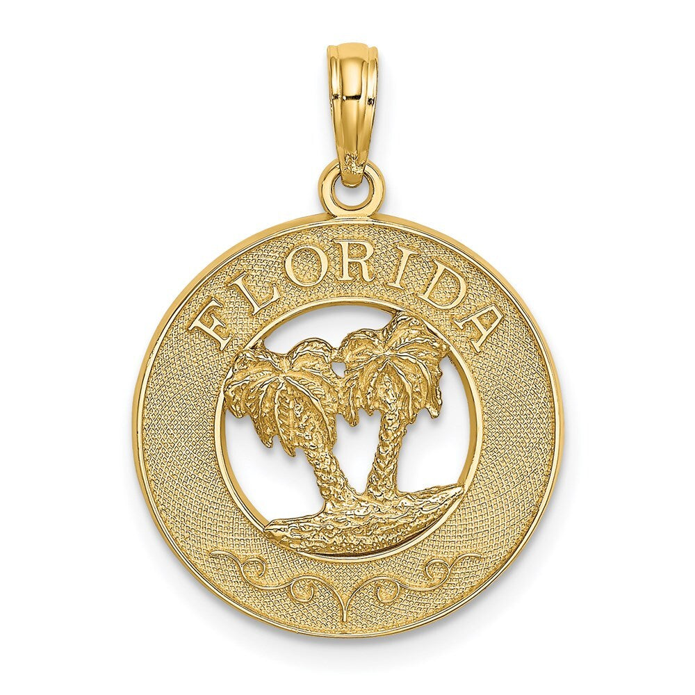 14k Yellow Gold FLORIDA Double Palm Tree Circle Charm Pendant for Women