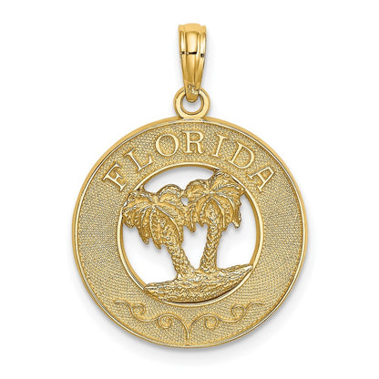 14k Yellow Gold FLORIDA Double Palm Tree Circle Charm Pendant for Women