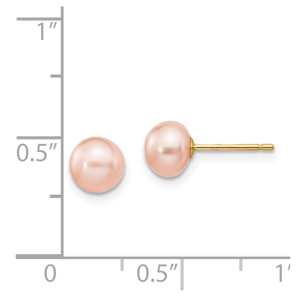 14k Yellow Gold 6-7mm Pink Button Freshwater Cultured Pearl Stud Earrings