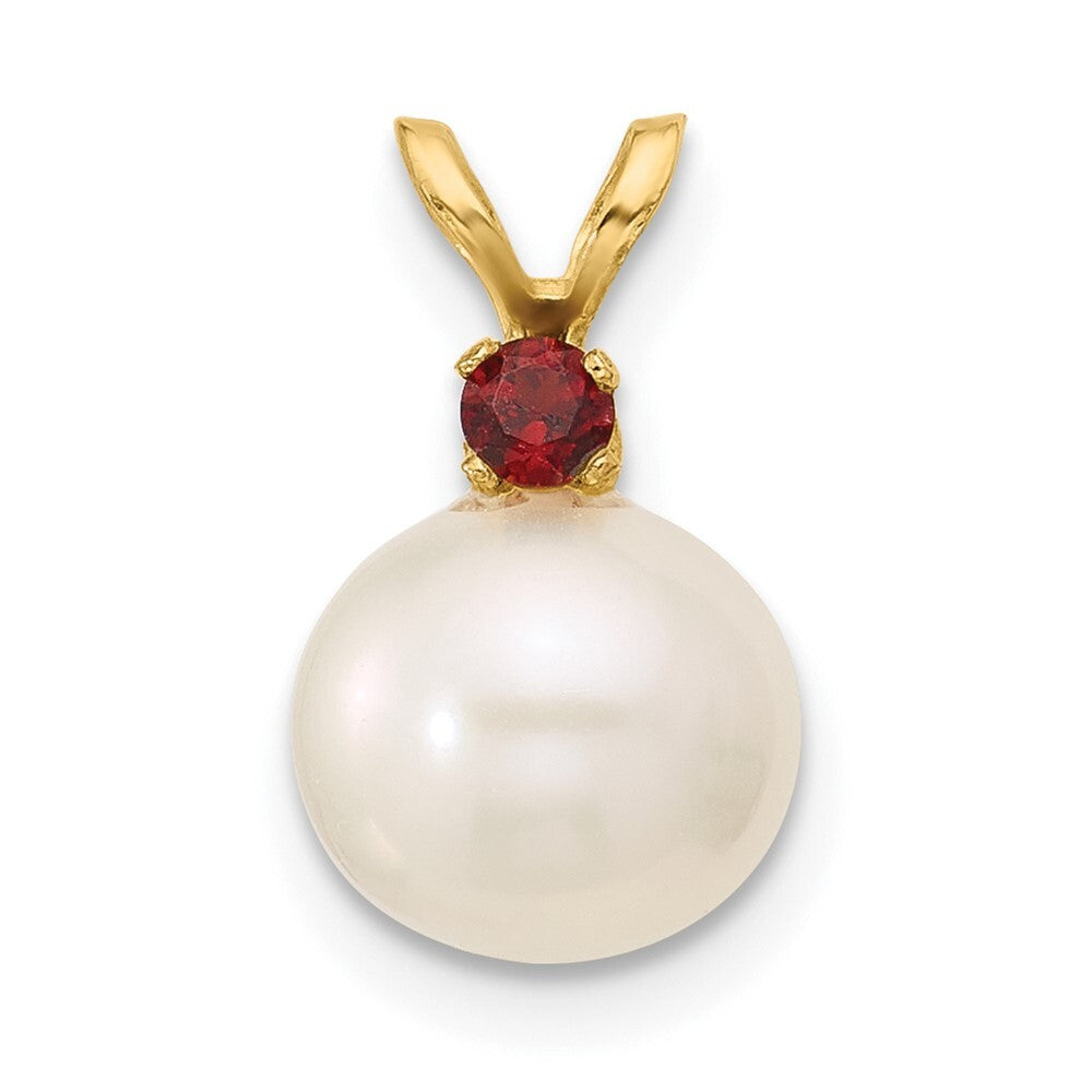 14k Yellow Gold 8-8.5mm White Round Freshwater Cultured Pearl & Garnet Pendant