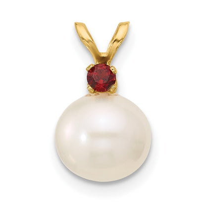 14k Yellow Gold 8-8.5mm White Round Freshwater Cultured Pearl & Garnet Pendant