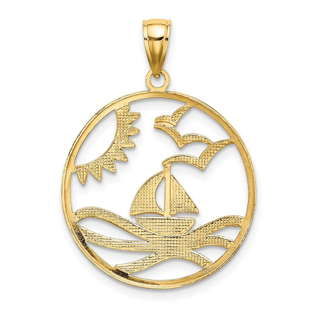14k Yellow Gold Rhodium Sun Sailboat Water Seagulls Circle Charm Pendant