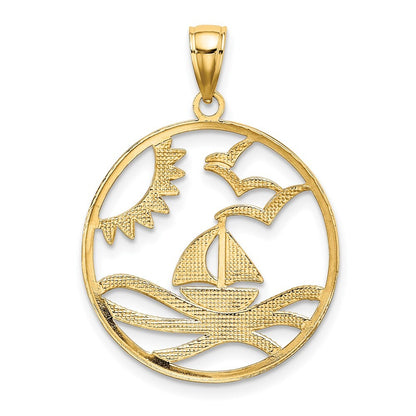 14k Yellow Gold Rhodium Sun Sailboat Water Seagulls Circle Charm Pendant