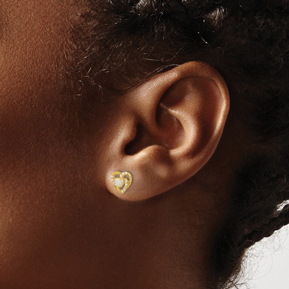 14k Yellow Gold Polished Created Opal and Cubic Zirconia Heart Stud Earrings